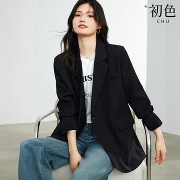 初色 氣質百搭通勤長袖翻領長版西裝外套-共2色-31340(M-2XL可選)