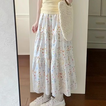 胖胖美依 半身裙 A字裙 傘裙M-2XL學院風碎花半身裙夏季薄款高腰遮跨顯瘦中長款a字傘裙-7889.