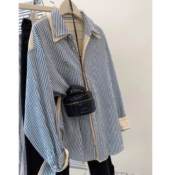 日系復古條紋正肩假兩件襯衫男女韓系穿搭慵懶高級感長袖襯衣外套