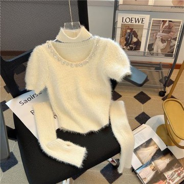 純欲辣妹釘鉆袖套針織衫女秋2025新款設計感小眾別致短款性感毛衣