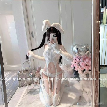 免運 台灣出貨 宅兔兔醬」超萌套裝白色高領露背弔帶襪毛衣純慾女日係露背毛衣限時下殺 012