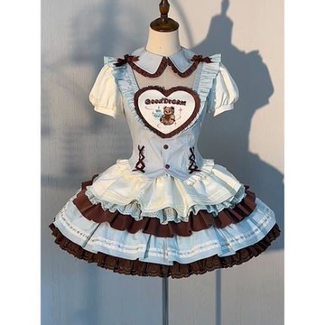 可愛軟妹lolita短袖連衣裙洋裝泡泡袖鏤空襯衣高腰蕾絲拼接蛋糕裙