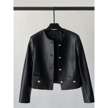 海寧真皮皮衣女短款綿羊皮圓領小香風皮夾克單排扣顯瘦機車外套潮