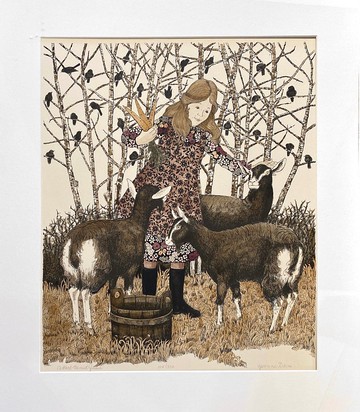 藝術家Yvonne Davis - 女孩與羊 - Etching - 版畫