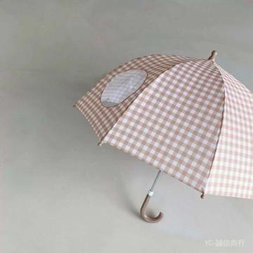 新品免運🎇ins卡通幼兒園小學生長柄格子複古雨傘輕便防夾手手動透明導視傘