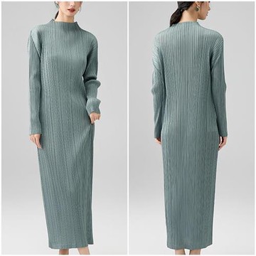 【米蘭精品】現貨+預購三宅風皺褶衣服洋裝褶皺長裙長袖連身裙子摺衣彈力女裝顯瘦折衣大碼-高領2色74mm37