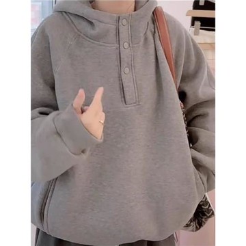 大碼韓版紐扣連帽套頭衛衣秋冬胖mm休閑百搭外套加絨加厚保暖上衣