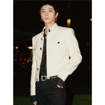 華晨宇明星同款白色秋冬季外套高級感男女痞帥墊肩短款立領夾克潮