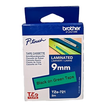 Brother 標準黏性護貝標籤帶 TZe-721 9mm x 8m 綠底黑字