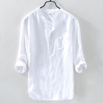 亞麻立領七分袖襯衫男中袖套頭寬松文藝復古男裝衣服夏季棉麻襯衣