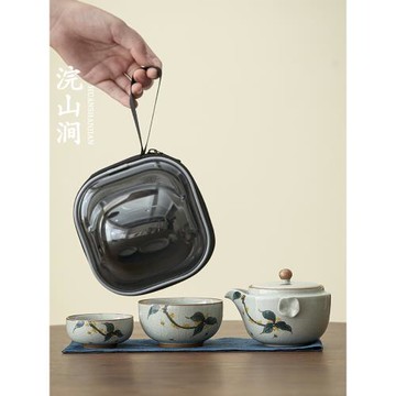 手繪冰裂紋開片可養陶瓷旅行便攜茶具套裝一壺二杯戶外泡茶快客杯