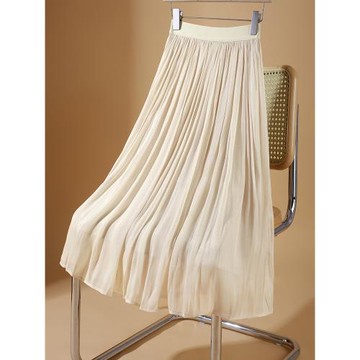 杏色流光百褶半身裙女2023春夏新款高腰a字時尚中長款顯瘦壓褶裙