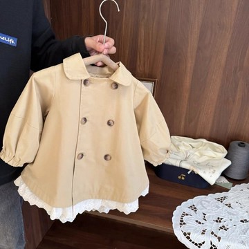 氣質穿搭 女童雙排扣中長風衣女童春秋季新款女童英倫風花邊外套 女童洋氣風衣 兒童韓版寬鬆休閒外套 中小童英倫風中長款外衣