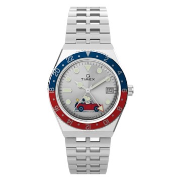 TIMEX  天美時  x Peanuts 38毫米 史努比 GMT 兩地時區 不鏽鋼錶鍊腕錶(銀TXTW2W83300)