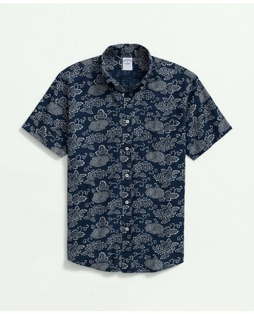 Brooks Brothers Men's Signature Indigo Print Short Sleeve Sport Shirt in Indigo-Dyed Cotton | Navy | Size Medium