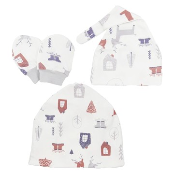 OhBabyLying 母嬰同款 月子帽 + 嬰兒帽 + 防抓手套 禮盒3件組 - 純棉材質 獨立包裝  森林小鹿 白色  1盒  FREE SIZE