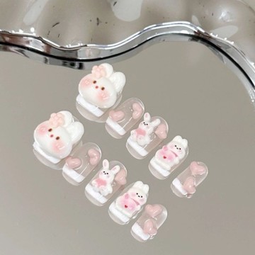 手工穿戴甲可愛高級卡通粉色愛心法式短短款美甲白色兔子顯白兒童
