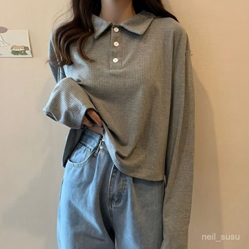 寬鬆打底衫上衣秋裝2024年新款韓版灰色秋季POLO衫長袖T恤女ins潮