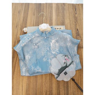 俏娘魚藍色提花復古民國風新中式短袖旗袍2025年春季新款日常可穿