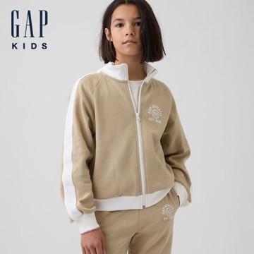 【GAP】兒童GapFit Tech寬鬆運動 Logo 拉鍊外套-經典卡其/制服深藍(870856)