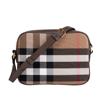 BURBERRY 格紋拼接皮革斜背相機包(棕色/橄欖綠)