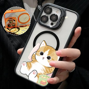 躺平貓咪 磁吸手機殼 金屬鏡頭支架 保護殼 適用於iPhone 17 16 15 14 13 12 11 Max防摔殼