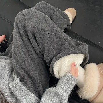 ⚡️限時秒殺⚡️大碼灰色糯米褲女秋冬2025新款加絨加厚棉褲直筒休閒羊羔絨闊腿褲