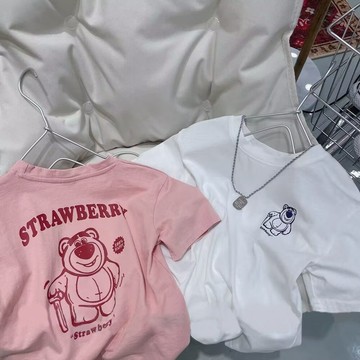 Healthy baby 女童短袖t恤新款兒童洋氣夏裝中休閒半袖草莓熊純棉上衣短袖T恤T恤短袖女童短袖女童T恤