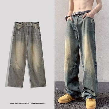牛仔褲男 美式復古水洗牛仔褲男 做舊闊腿拖地褲 直筒牛仔褲男 褲子男大尺碼牛仔褲休閑褲男 運動百搭牛仔褲 情侶牛仔褲男女