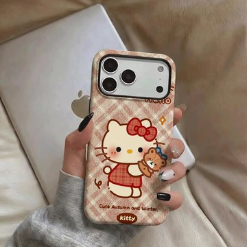 暖棕格紋KT貓蘋果17promax16e菲林15二合一iPhone14/13手機殼12硬