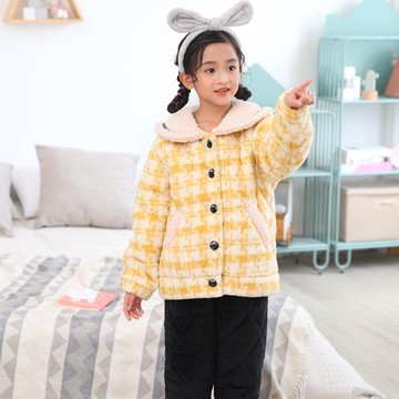 三昌女童睡衣冬加厚加絨三層夾棉珊瑚絨可愛羊羔絨保暖家居服棉襖