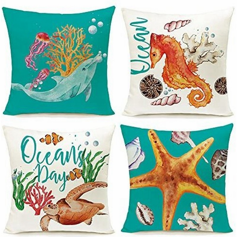 Palon 枕カバー 海洋 動物テーマ 夏 枕カバー 4枚セット ビーチ ヒトデ 貝殻 タツノオトシゴ プリント 装飾枕カバー クッションカバー ホー 通販 Lineポイント最大get Lineショッピング