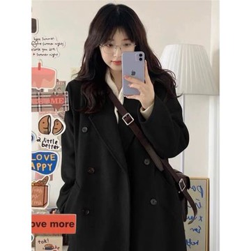 黑色呢子大衣女中長款2024秋冬新款毛呢外套高級感冬天小個子韓系