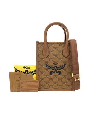mcm 棕色 Mini Tote 老花帆布塗層手提包 肩背包 托特包