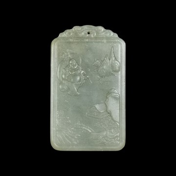 《博古珍藏》天然和闐玉雕山水彌勒佛圖玉牌．玉珮項鍊配飾．老坑料溫潤．行家首選．超值回饋