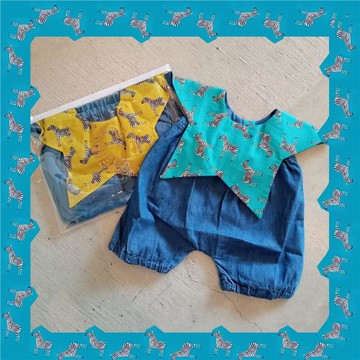 日單 馬牌 男女嬰童寶寶 斑馬印花軟牛仔大PP褲 圍兜口水巾套裝