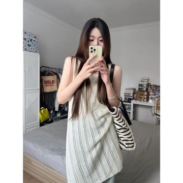 夏季鏤空針織無袖上衣女裝薄寬松慵懶風中長款背心裙外搭防曬罩衫