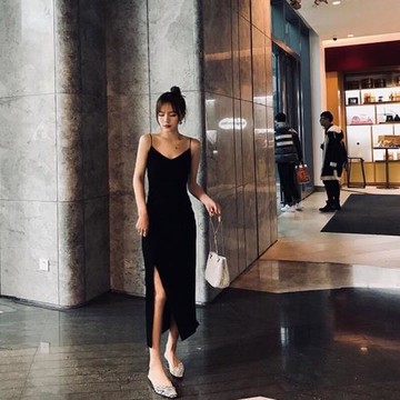 韓版大碼開叉吊帶連衣裙修身顯瘦A字裙過膝中長款露背裙性感V領裙