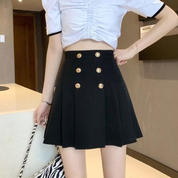 黑色tb百褶裙雙排扣設計感高腰a字裙女夏包臀短裙大碼半身裙胖mm