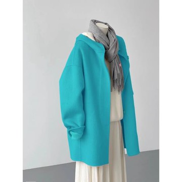 點點冬季新款韓系高級感赫本風寬松顯瘦短款湖藍色連帽毛呢外套女