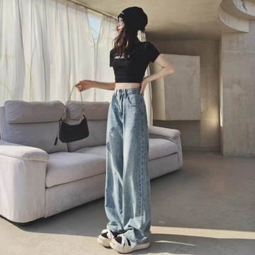 2024年春秋新款褲子直筒寬松闊腿復古牛仔褲女高腰梨形身材拖地褲