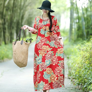 春裝新款大碼女裝復古民族風印花棉麻寬松大碼長袖連衣裙長袍1入