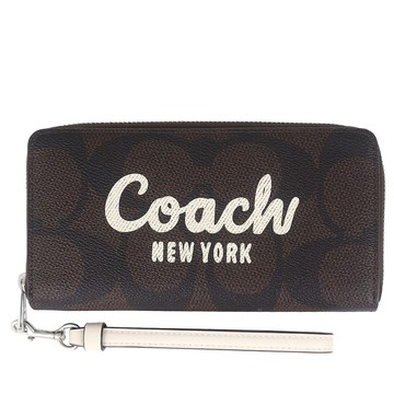 COACH 咖啡防水帆布馬車標誌白提把拉鍊長夾