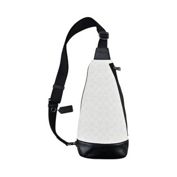 COACH白色C LOGO PVC拼接黑色皮革直式單肩胸背斜後背男包