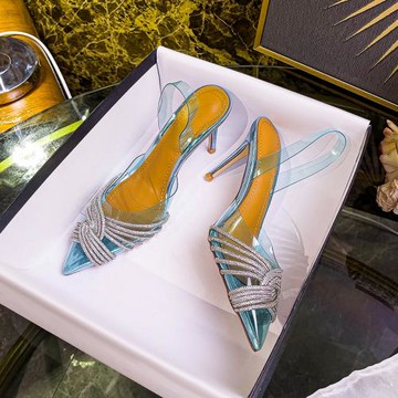 2024年夏季新款網紅尖頭透明水鉆高跟鞋女淺藍色婚鞋性感高跟涼鞋