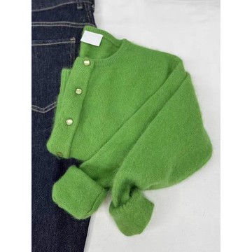溫柔風軟糯圓領長袖針織開衫女綠色2025早春新款單排扣毛衣外套女