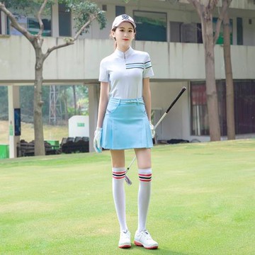 高爾夫球服裝女士短袖T恤衫立領速干彈力修身休閑撞色運動上衣服