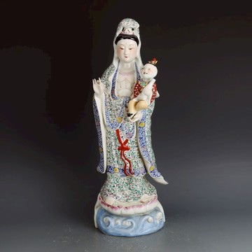 民國曾龍升粉彩送子觀音佛像 仿古瓷器 古董古玩舊貨老貨收藏品
