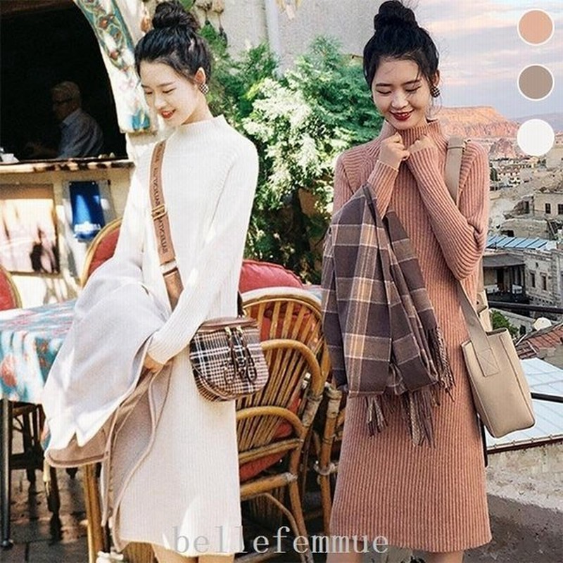 ニットワンピ厚手レディースニットワンピースミディアム丈ワンピースゆったりオフィス長袖ワンピース冬秋膝丈ワンピースシンプル 通販 Lineポイント最大0 5 Get Lineショッピング