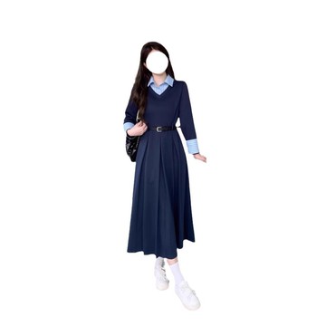 女裝學院風入秋穿搭配一整套假兩件連衣裙子女秋裝長裙